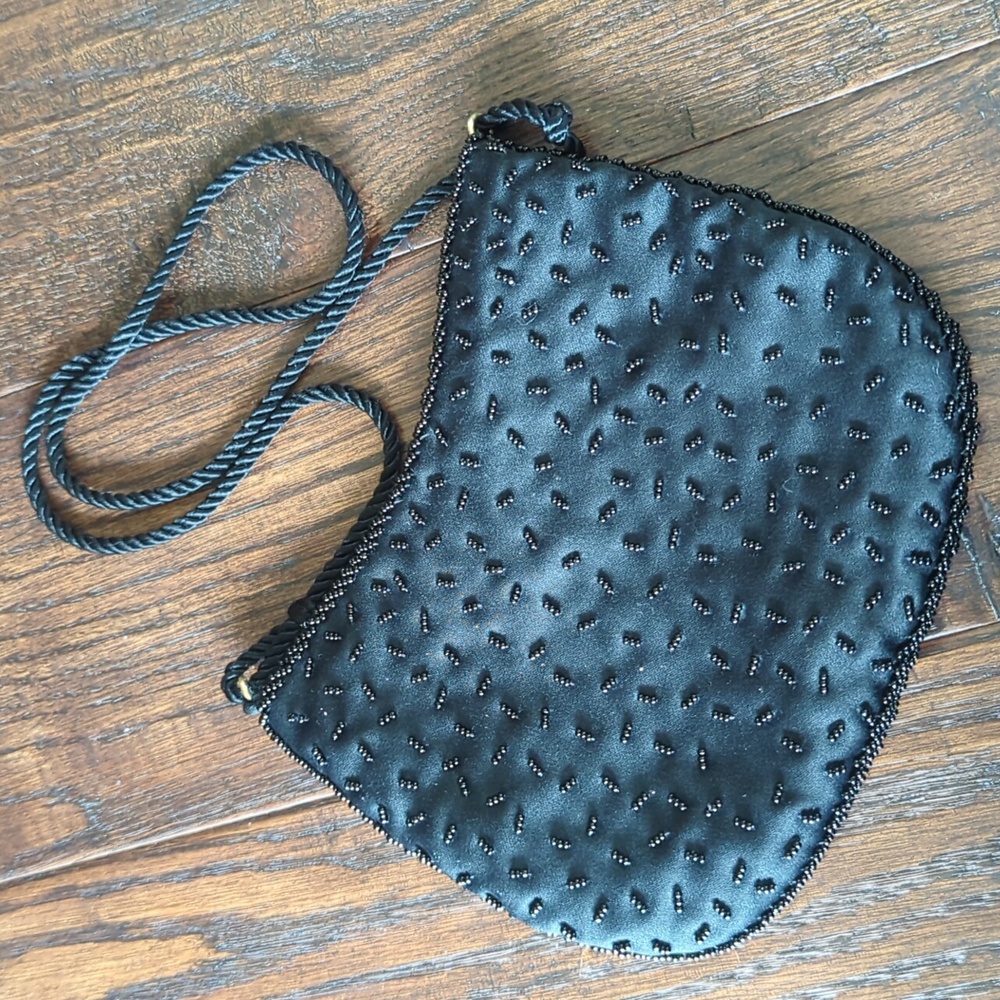 Vintage Formal Black Satin Hand Beaded Mini Purse Made in Hong Kong by Wolberg - Picture 6 of 15